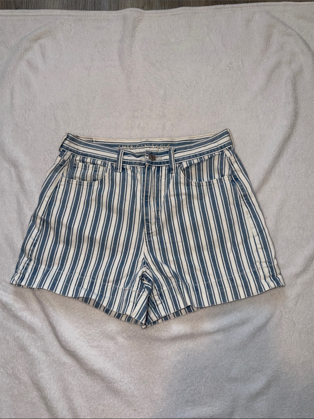American Eagle Outfitters Navy and White Vertical Stripe High-Waist Shorts